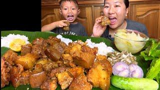 Pork Mukbang With My Nephew || boiled Cabbage , raw Winged Bean, Cucumber