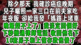 除夕那天我確診癌症晚期，兒子曬帶著妻孩在前夫家吃飯的照片，卻給我發「媽路上堵車 晚飯趕不上了」我淡定回了好，下秒撥通律師電話，拿回他名下10套房子和上億存款他傻了#荷上清風 #爽文