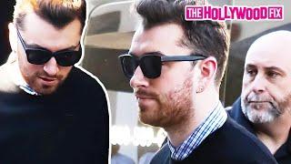 Sam Smith Acts Camera Shy & Hides From Paparazzi While Having Lunch With Friends At Craig's In WeHo