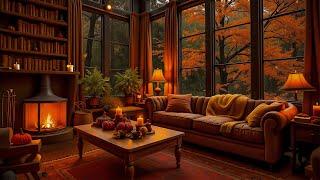 Cozy Reading Nook Ambience Fall Jazz Music with Crackling Fire and Rainy Sounds for Productive Work