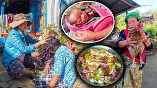 Aunt gave birth to a new 2nd baby || Eating Local chicken Soup & rice सुत्केरी दिमा लाई तेल लगाइदेको