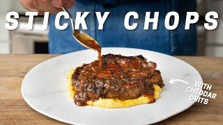 JUICY GLAZED PORK CHOPS & CHEESY GRITS