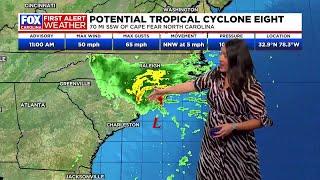 Potential Tropical Cyclone Eight brings heavy rain and gusty winds to Carolinas