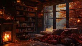 Peaceful Autumn Evening Fireplace and Gentle Rain ️ Smooth Jazz at A Cozy Reading Nook Ambience