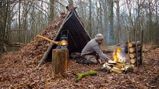 Survival Shelter Build and Camp - Rock cooked Steak