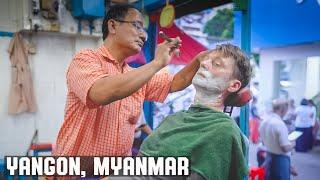  Wet Shave At Colorful Local Neighborhood Street Barber Shop | Yangon Myanmar