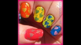 Rainbow Hearts Nail Art Stamping with Chrome Nail Art Powders using BM-H18 #nailart #nailstamping