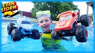 Storm Family RC Pool Challenge With Monster Jam Trucks Megalodon, El Toro Loco and Batman