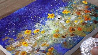 Autumn flower clusters painting with foil / Simple acrylic painting / uick painting techniques 545