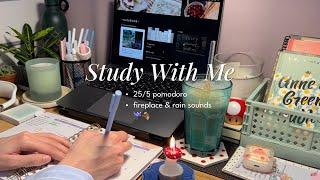 3-HR STUDY WITH ME 🪵️ [Pomodoro 25/5]/Countdown + alarm/Light thunder & crackling of the fireplace