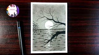 How to Draw Moonlight Night with pencil step by step, Pencil Drawing for Beginners