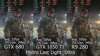 GTX 680 vs GTX 1050 Ti vs R9 280 in 10 games