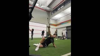 Short seated side plank on elbow pull down with rotation