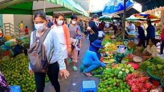 Most Popular Cambodian Market Street Food, Daily Lifestyle of Khmer People Buying Fresh Food