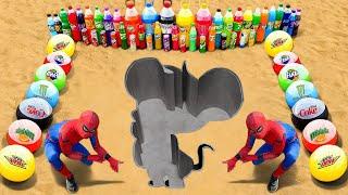 Spiderman & Big Toothpaste Eruption from Jerry Mouse Hole with Bucket Pepsi, Coca Cola vs Mentos