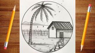 Easy Beautiful Circle Scenery Drawing | How to Draw Pencil Shedding Drawings
