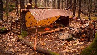 Canvas Tarp and Log Shelter Solo Overnight Camp. POURING RAIN With a Wool Blanket for Warmth.