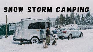 Camping in Heavy Snow Storm Cooking Delicious Korean Food Staying Cosy in Airstream Basecamp