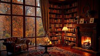 Cozy Reading Nook Ambience ️ Soft Jazz with Fireplace Sounds and Rain On Window for Relaxation