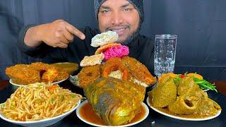 ASMR EATING SPICY FISH HEAD CURRY, FISH FRY, MUTTON LUNGS, FISH CURRY AND NOODLES WITH RICE, EATING