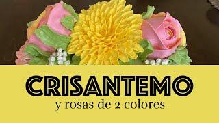 Crisantemo y rosas de dos colores en merengue