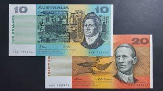 Australian paper $10 and $20 banknotes