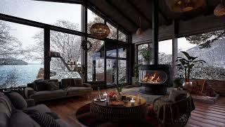 Cozy Cabin in the middle of nature, falling snow by the sea with crackling fire