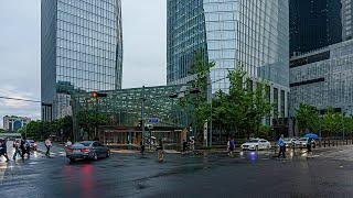 Walking On A Rainy Evening In Yeouido District Seoul | Rain Ambience Sounds Korea 4K HDR