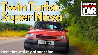 Twin turbo Vauxhall Nova tears up the lanes. Can we keep up? Barely.