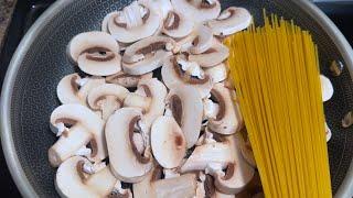 If you have at home mushrooms make basic spaghetti recipe +creamy cheese sauce.