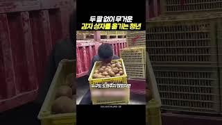 두 팔 없이 무거운 감자 상자를 옮기는 청년