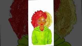 DIY glitter afro hairstyle red and gold in green hoodie #glitter #girl #afro #kids