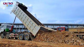 Great work Heavy dump trucks unloading Gravel mix soil & Power Machine Dozer push soil fill up land