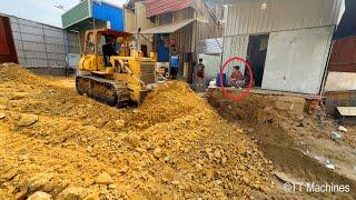 FULL ACTION !! First Session Building New Foundation Village Road By Trucks & Dozer Spreading Stone