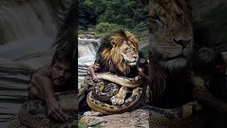 Lion Rescue from Python Attack by Brave Rescuers Near River #rescue #lion #anaconda #trending #snake