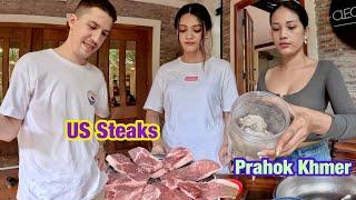 My Friends @CamboVlogs Cook American Steaks For Me Half Khmer Style