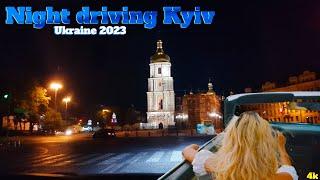 Night driving in Kyiv. Beautiful places in the center. Ukraine 2023.