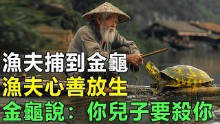 民間故事：漁夫捕到金龜，漁夫心善放生，金龜說：你兒子要殺你