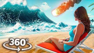 360 TSUNAMI AFTER ASTEROID FALL 1 - Escape the Wave on the Beach in Car with Girlfriend 4k VR Video