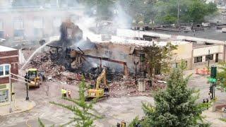 Aerial view of fire damage in downtown Kenosha after night of unrest