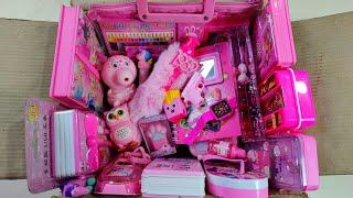 Box full of amazing pink stationery items, makeup box, pencil box collection, pen, pencil sharpener