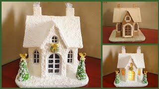 DIY Snowy Christmas House Using Cardboard And Tissue Paper