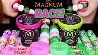 ASMR RACE! PINK VS GREEN MAGNUM ICE CREAM PINTS, DANGO (MOCHI), KITKAT, CHOCOLATE CONES, MONAKA 먹방