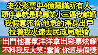 老公彩票中4億隱瞞所有人，頭件事就是聘專業小三逼我離婚，我假意不捨 他急的淨身出戶，拉著我火速去民政局離婚，出門他喜氣洋洋拿出彩票炫耀，不料我反大笑：蠢貨，你這是假獎真情故事會||老年故事||情感需求