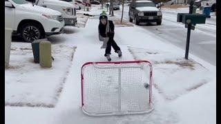 8-year-old ice skates on sidewalk in Providence Village