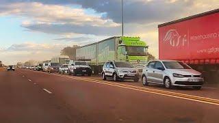 Day 114 - Long line of traffic at the Nyl Toll Plaza of South Africa