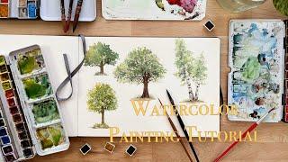 Watercolor Oak Tree & Birch Tree Painting Tutorial-[ASMR]