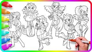 EQUESTRIA GIRLS Coloring Pages - Mane Six / How to color My Little Pony / Easy Drawing MLP