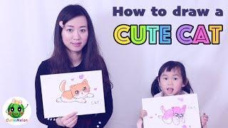 學畫可愛的小貓咪 邊畫畫邊學英語 Drawing Cute Cat Learn English 【西瓜寶寶學畫畫學英語】兒童繪畫 簡筆劃教程