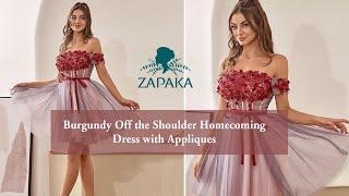 Burgundy Off the Shoulder Homecoming Dress with Appliques | ZAPAKA